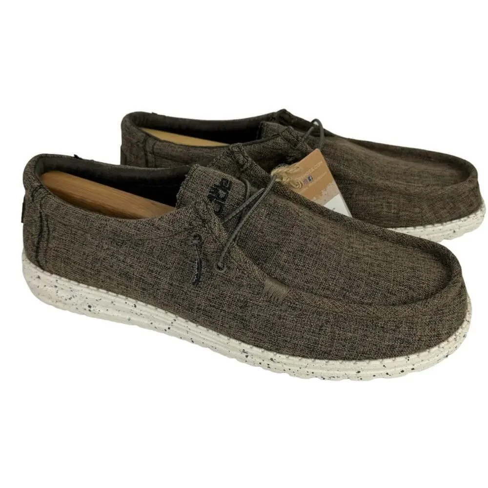New Hey Dude Men's 14 Wally Eco Linen Loafers Slip On Shoes Dark Brown Natural